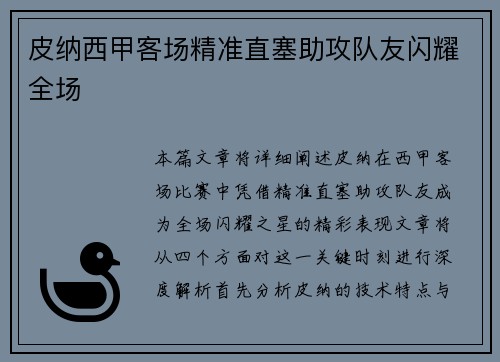皮纳西甲客场精准直塞助攻队友闪耀全场