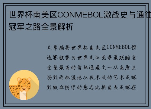 世界杯南美区CONMEBOL激战史与通往冠军之路全景解析